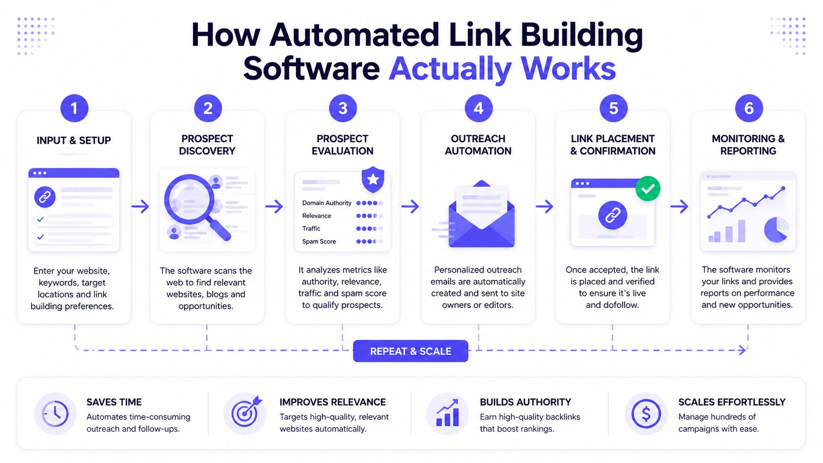 A six-step infographic illustrating the workflow of an automated link building software process for SEO.