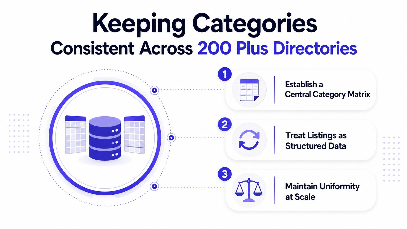 A diagram outlining three steps to maintain consistent business categories across over 200 different online directories.