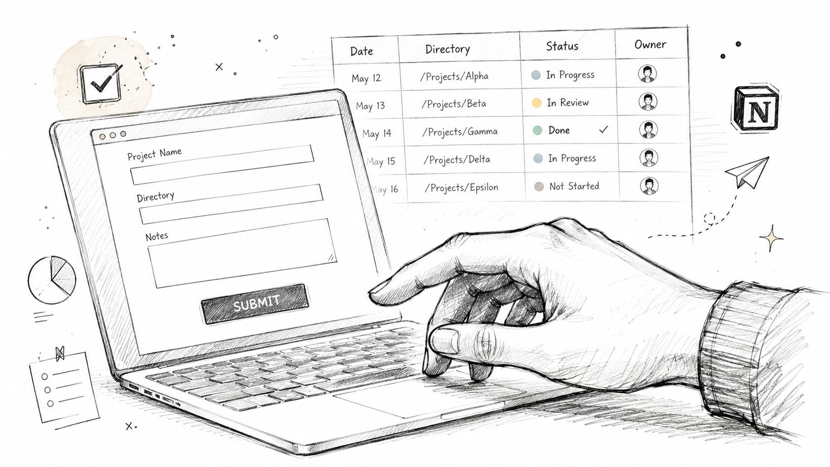 A hand using a laptop to organize project directories and tasks in a digital workflow management system.