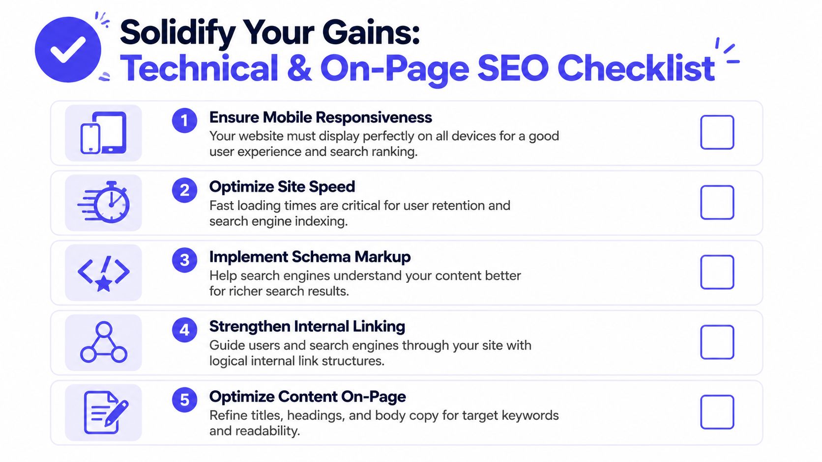 A checklist infographic titled Solidify Your Gains listing five essential technical and on-page SEO optimization steps.