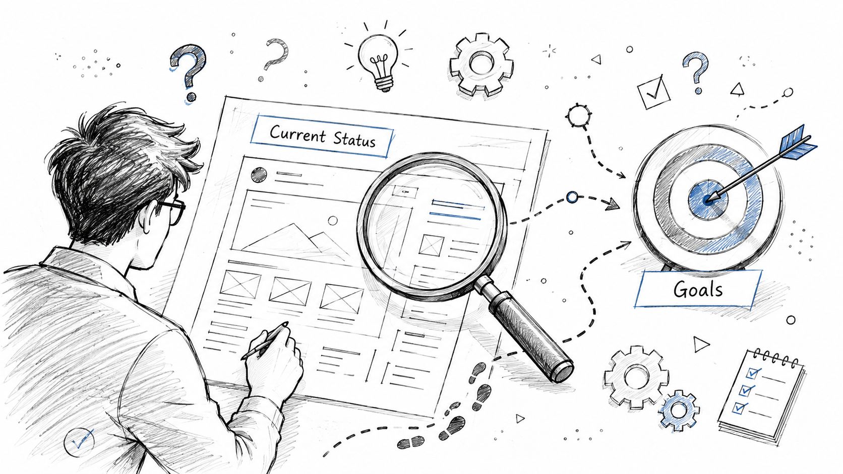 A person analyzing current status diagrams with a magnifying glass to reach target goals and objectives.