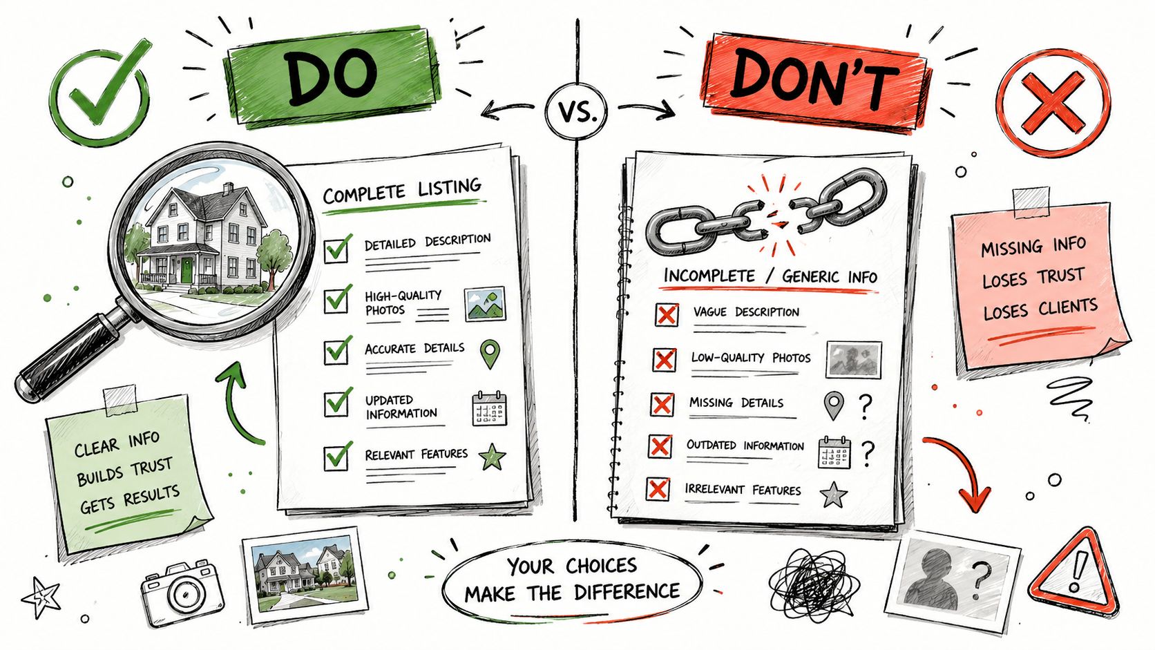 An infographic comparing the benefits of a complete business listing versus the risks of incomplete listing details.