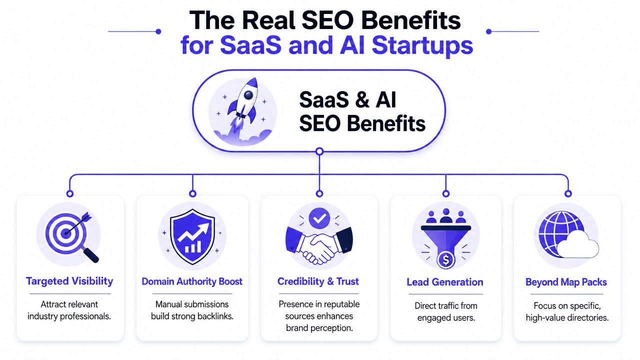 A diagram illustrating the core SEO benefits for SaaS and AI startups including visibility, authority, and lead generation.