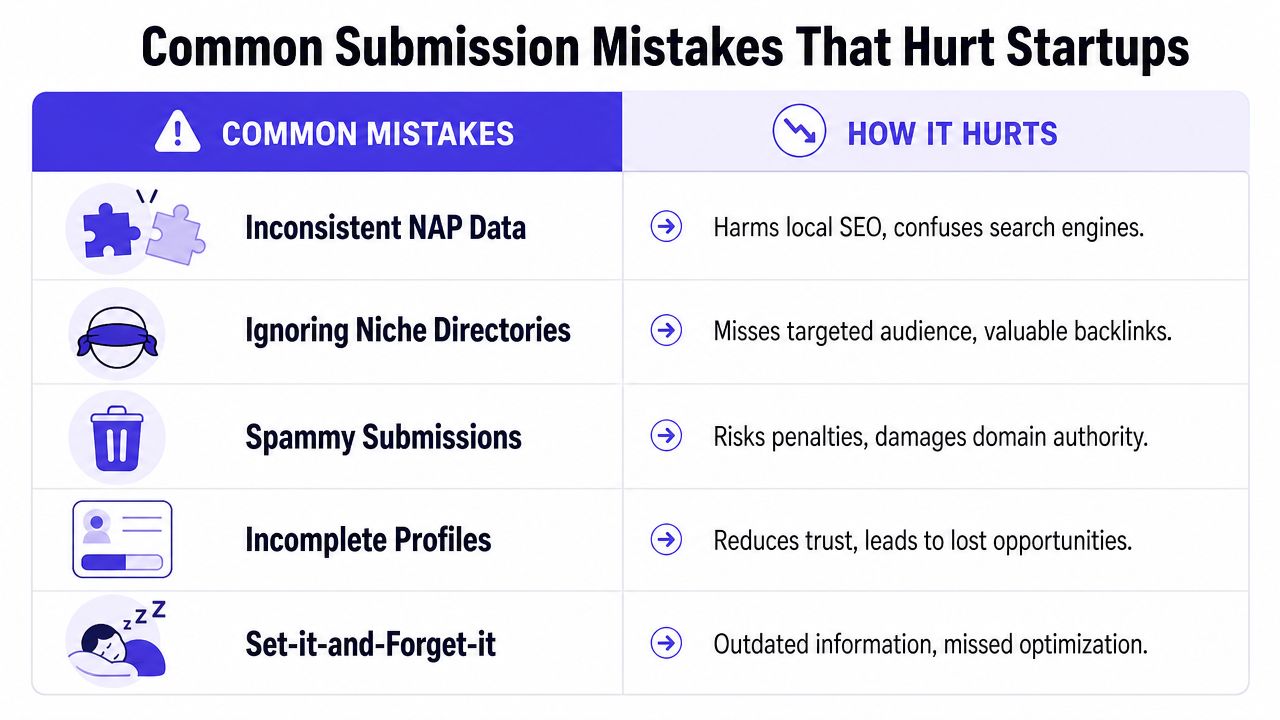 A table outlining common directory submission mistakes that negatively impact startup search engine optimization results.