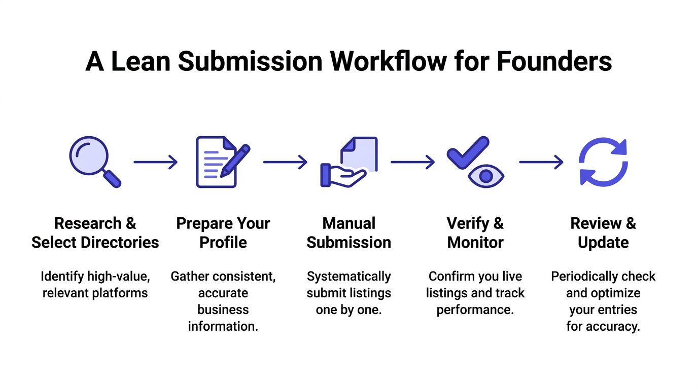 A five-step flowchart illustrating a lean submission workflow for founders to manage business directory listings.