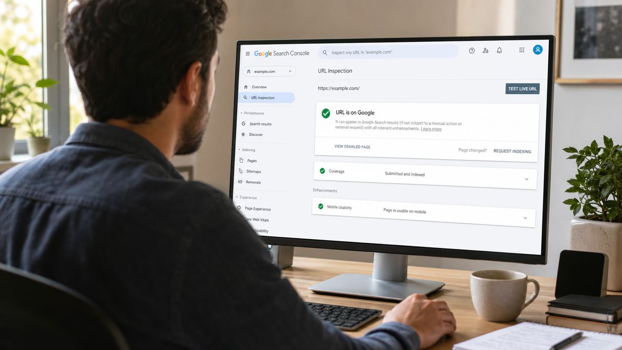 A person viewing Google Search Console results for website indexing on a desktop computer screen.