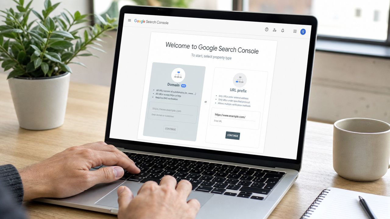 A person using a laptop to set up a new domain in the Google Search Console dashboard.