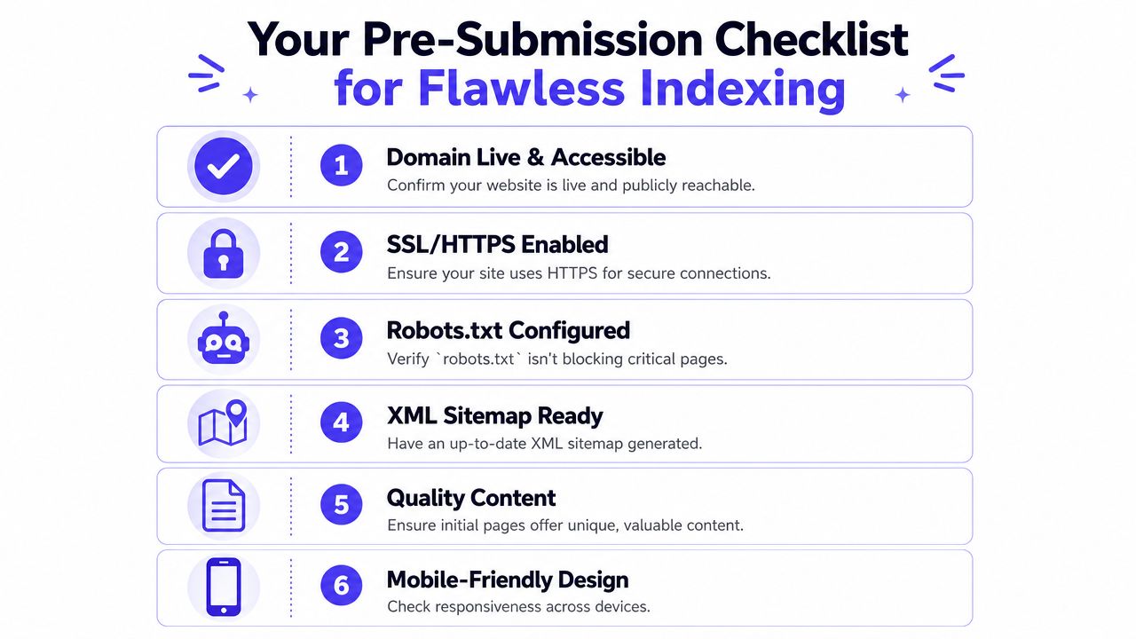 A six-step infographic checklist for ensuring websites are prepared for successful search engine indexing.