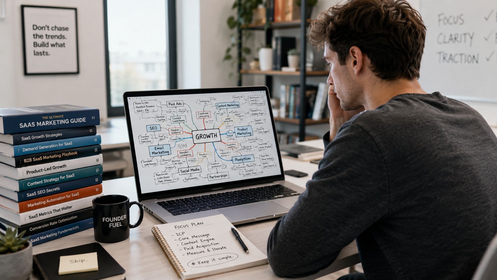 A young man sits at a desk studying a digital growth marketing strategy mind map on his laptop.