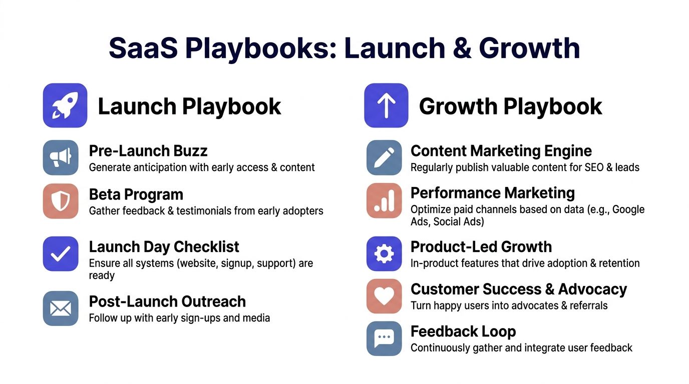 A diagram comparing SaaS launch and growth playbooks, detailing steps for product release and business development.