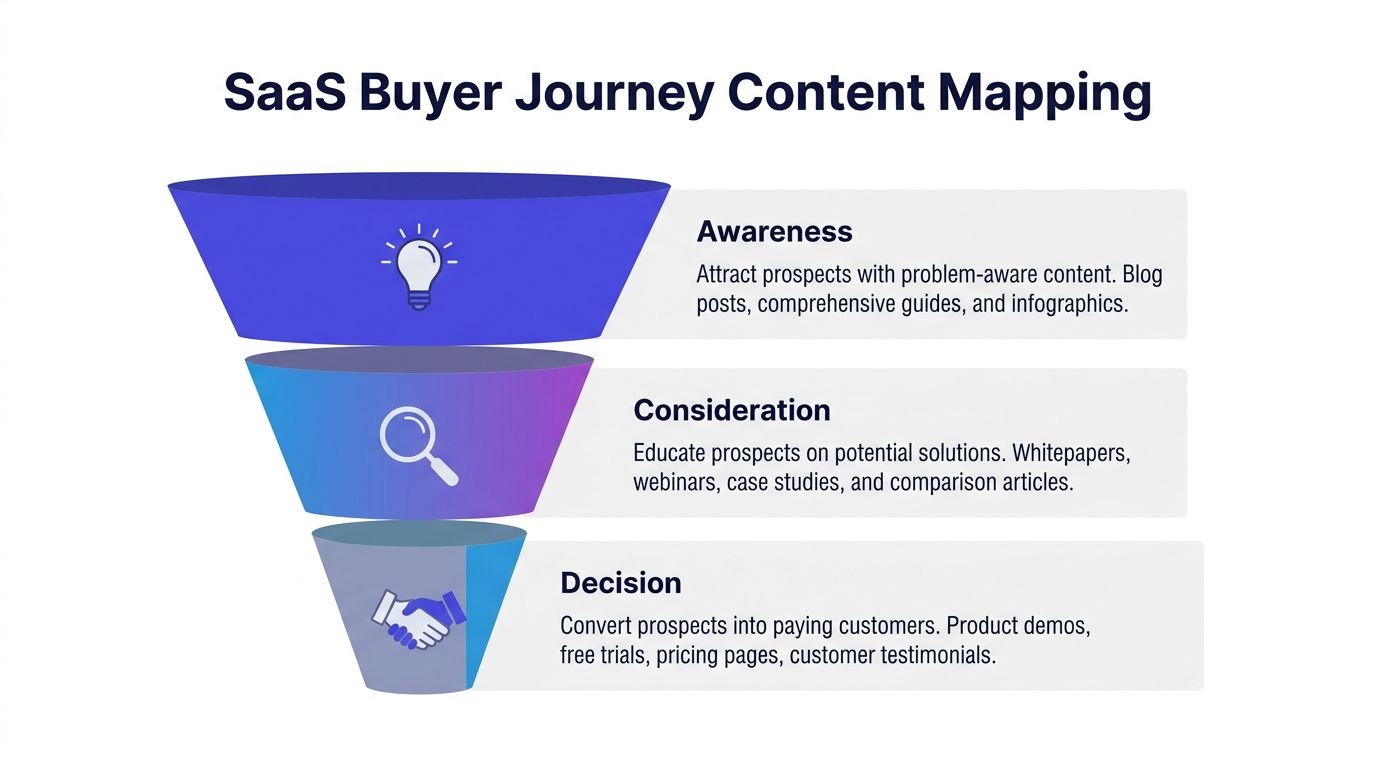 A funnel diagram illustrating the SaaS buyer journey with content stages for awareness, consideration, and decision.
