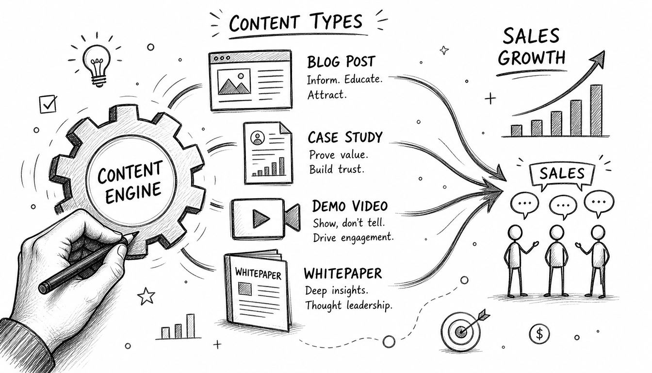 A hand-drawn illustration showing a content engine driving various content types to boost sales and growth.