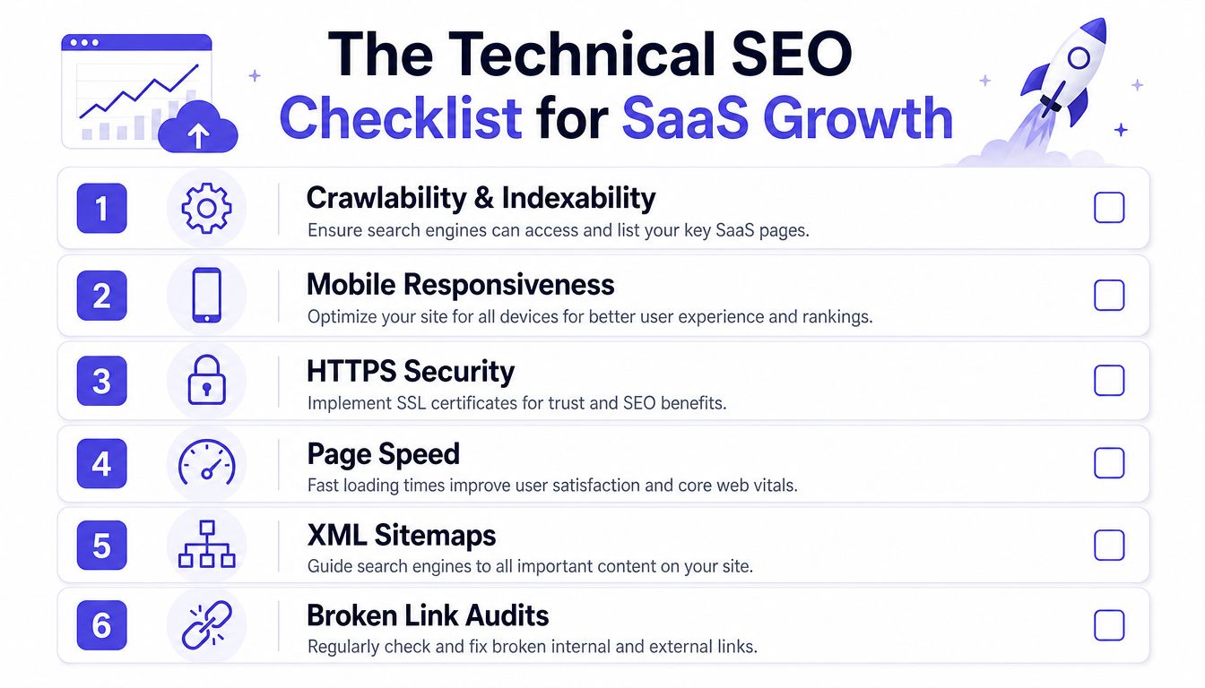 A checklist infographic titled Technical SEO Checklist for SaaS Growth, detailing six essential website optimization steps.