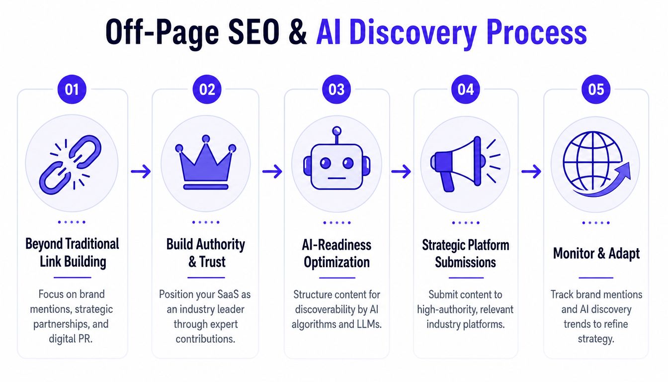 A five-step flowchart illustrating a strategic off-page SEO and AI discovery process for SaaS companies.