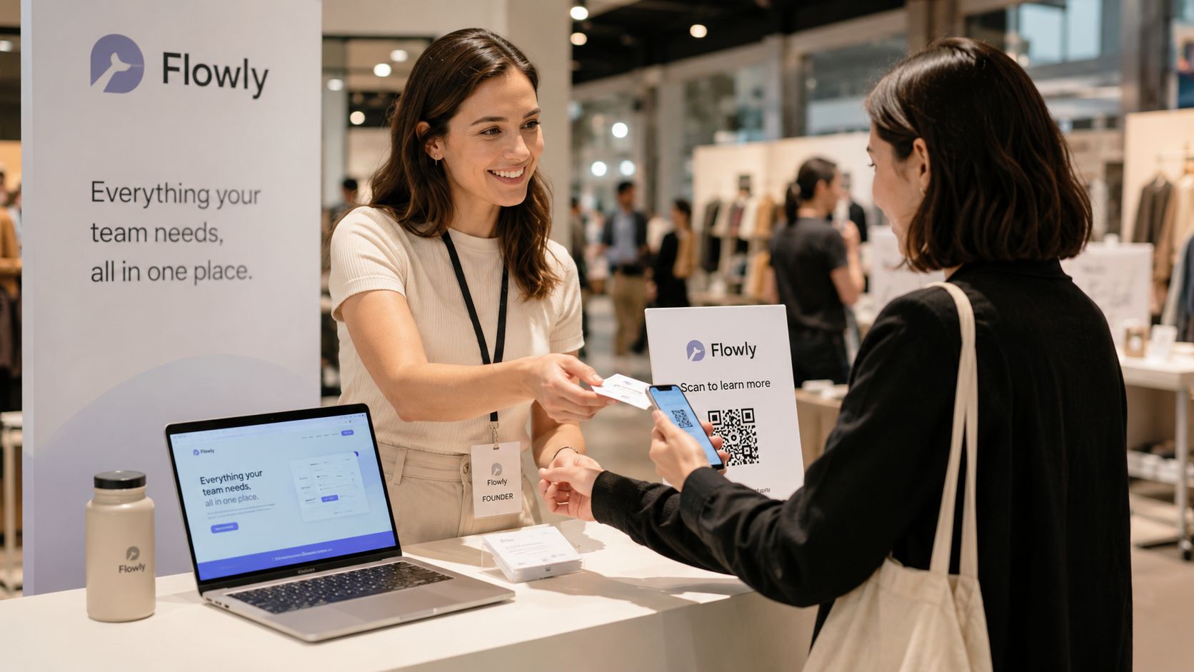 A woman founder at a Flowly exhibition booth handing a business card to a visitor.