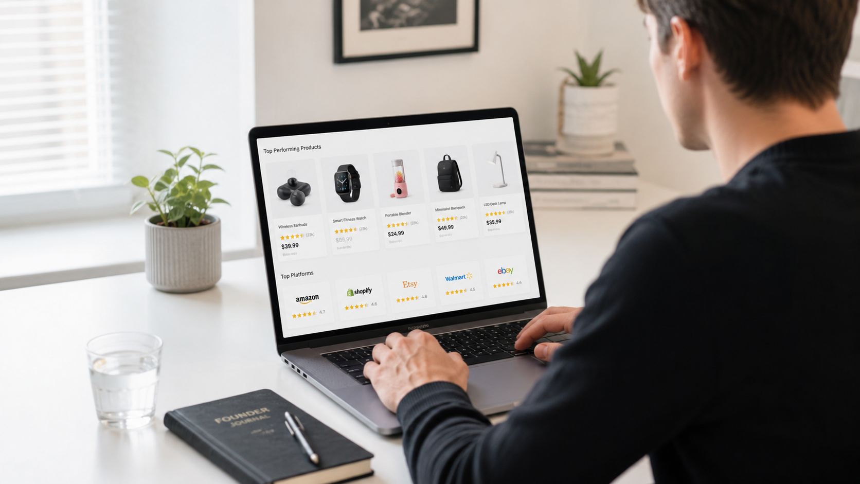 A person working on a laptop displaying e-commerce data with product charts and platform rankings.