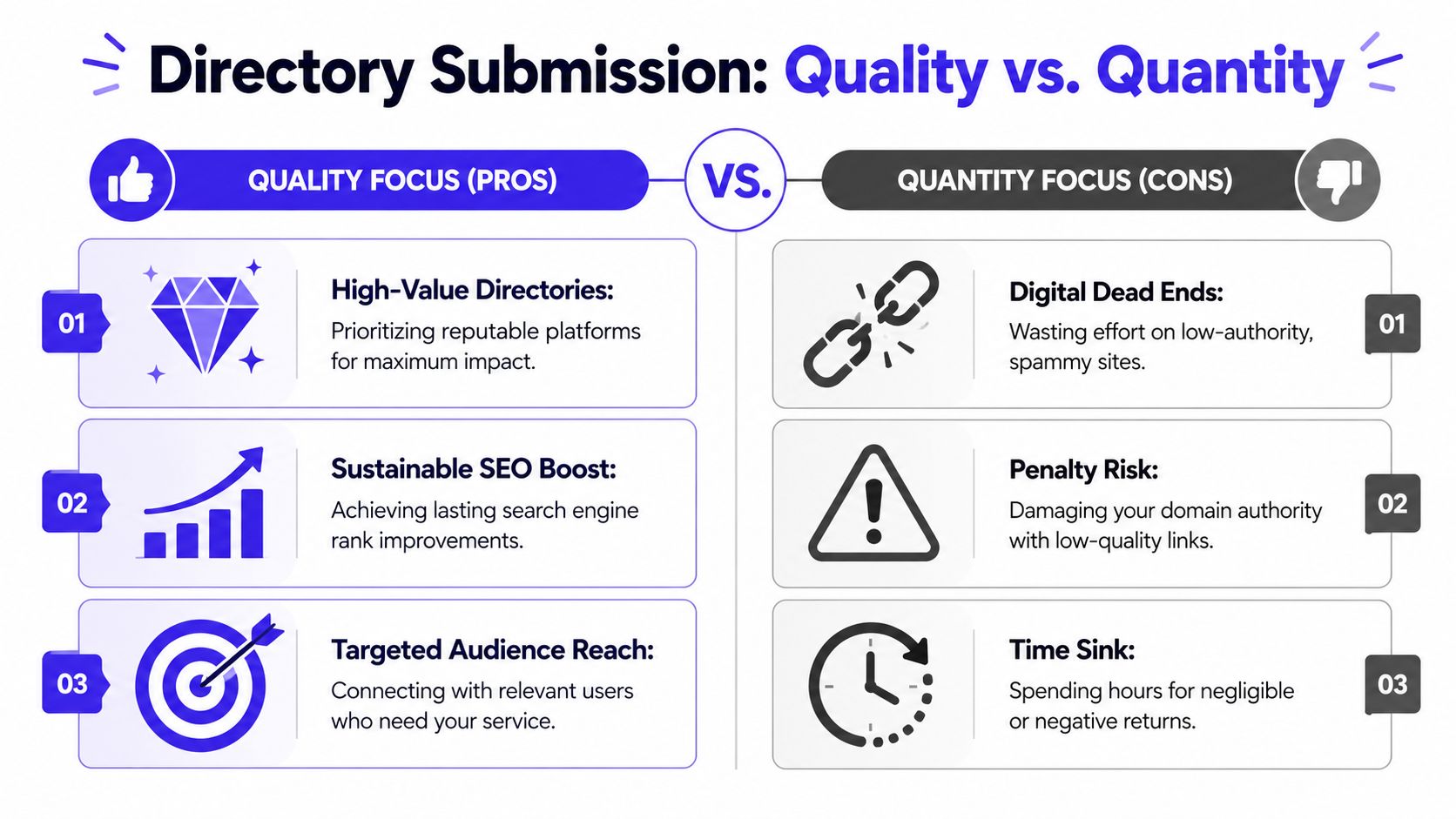 A comparison chart showing the benefits of quality directory submissions versus the risks of quantity-focused link building.