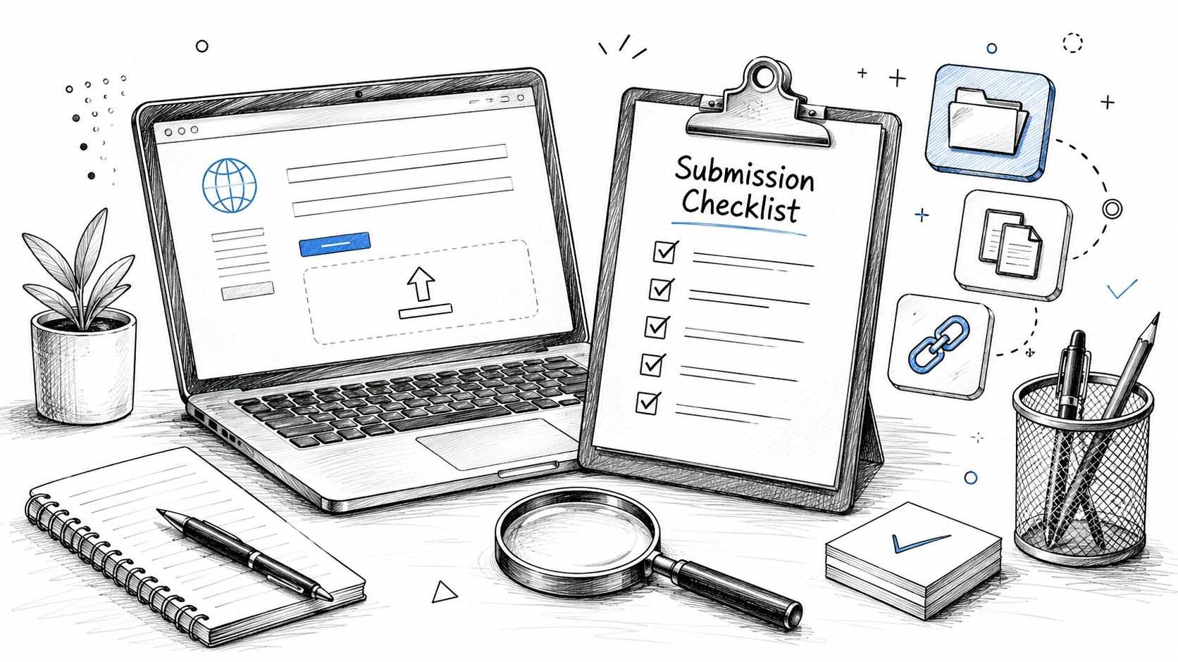 A hand-drawn desk scene featuring a laptop with an upload form, a submission checklist, and office supplies.