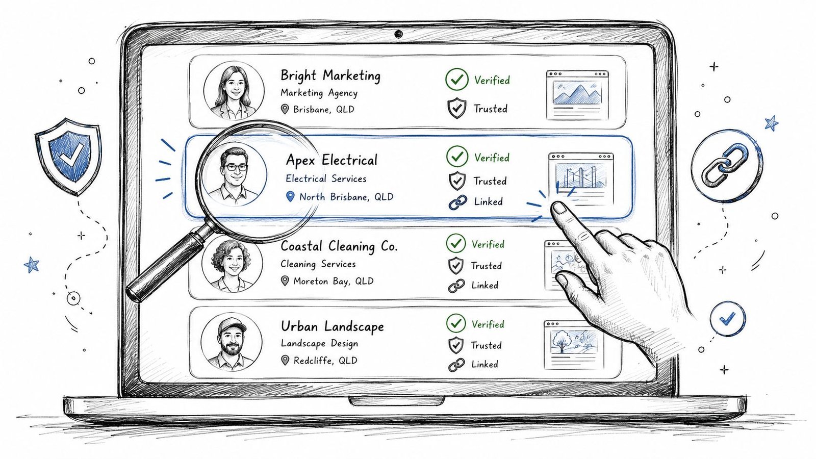 A digital screen showing a directory of verified, trusted, and linked businesses being analyzed with a magnifying glass.