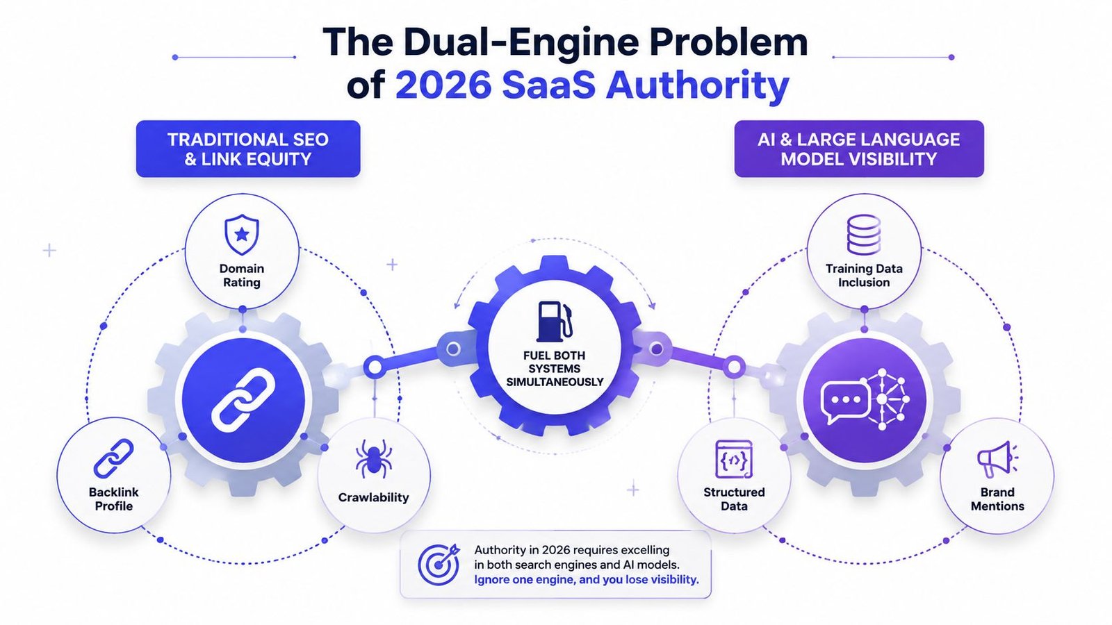 A diagram illustrating the dual-engine problem of SaaS authority involving traditional SEO and AI model visibility.