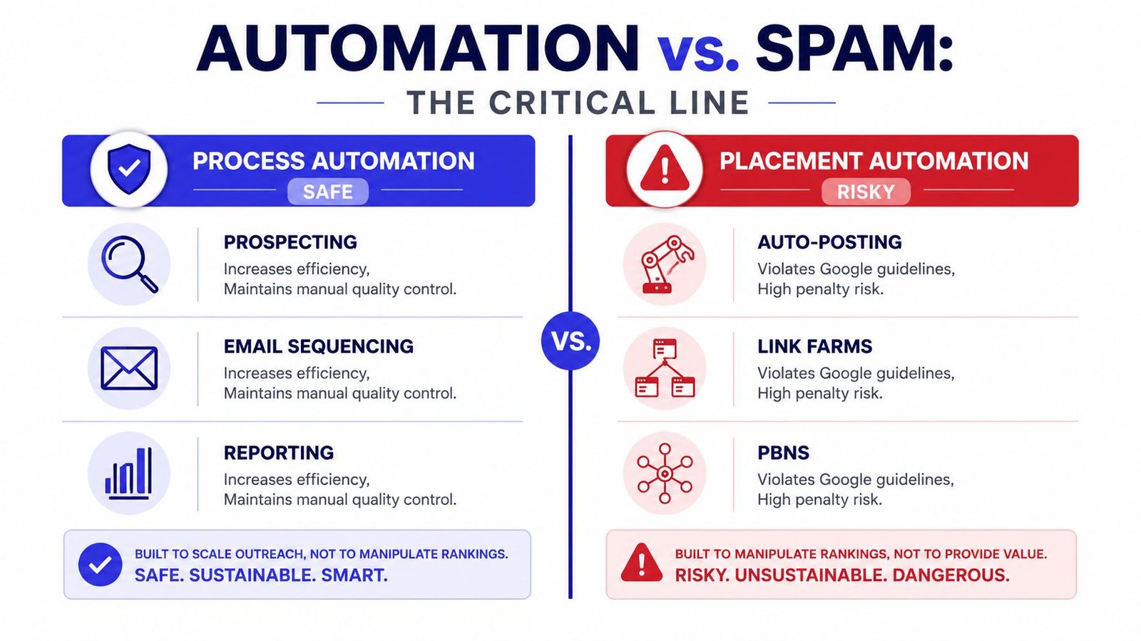 A comparison chart showing the difference between safe process automation and risky placement automation for SEO.