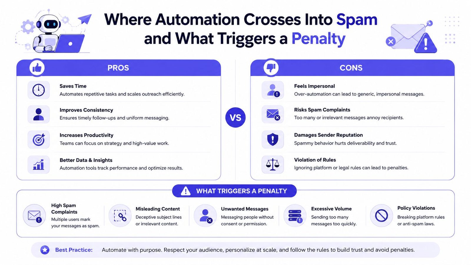 An infographic titled Where Automation Crosses Into Spam detailing the pros and cons of automation and penalty triggers.