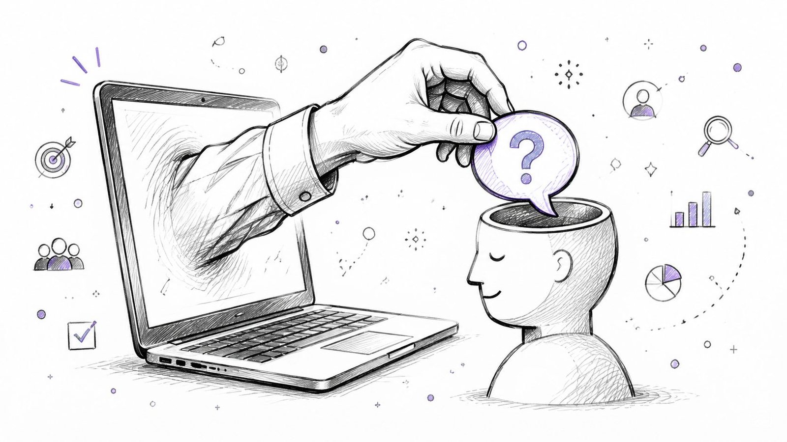A sketched illustration showing a hand coming out of a laptop placing a question mark into a head.