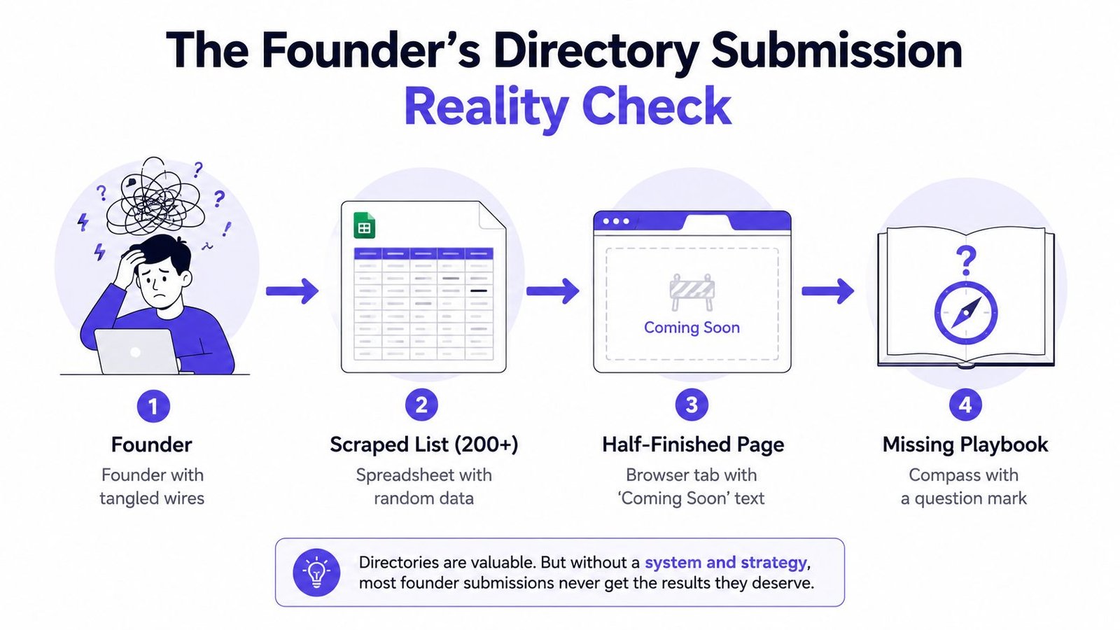 An infographic showing the four common hurdles founders face when managing their startup directory submission process.