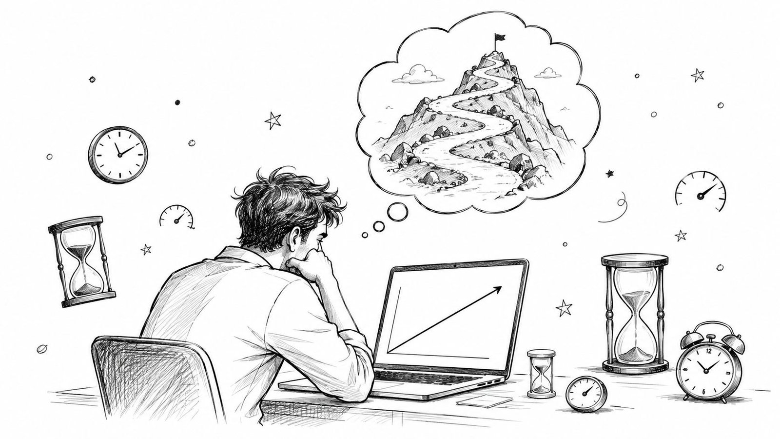 A person sitting at a desk looking at a laptop with a mountain goal thought bubble.