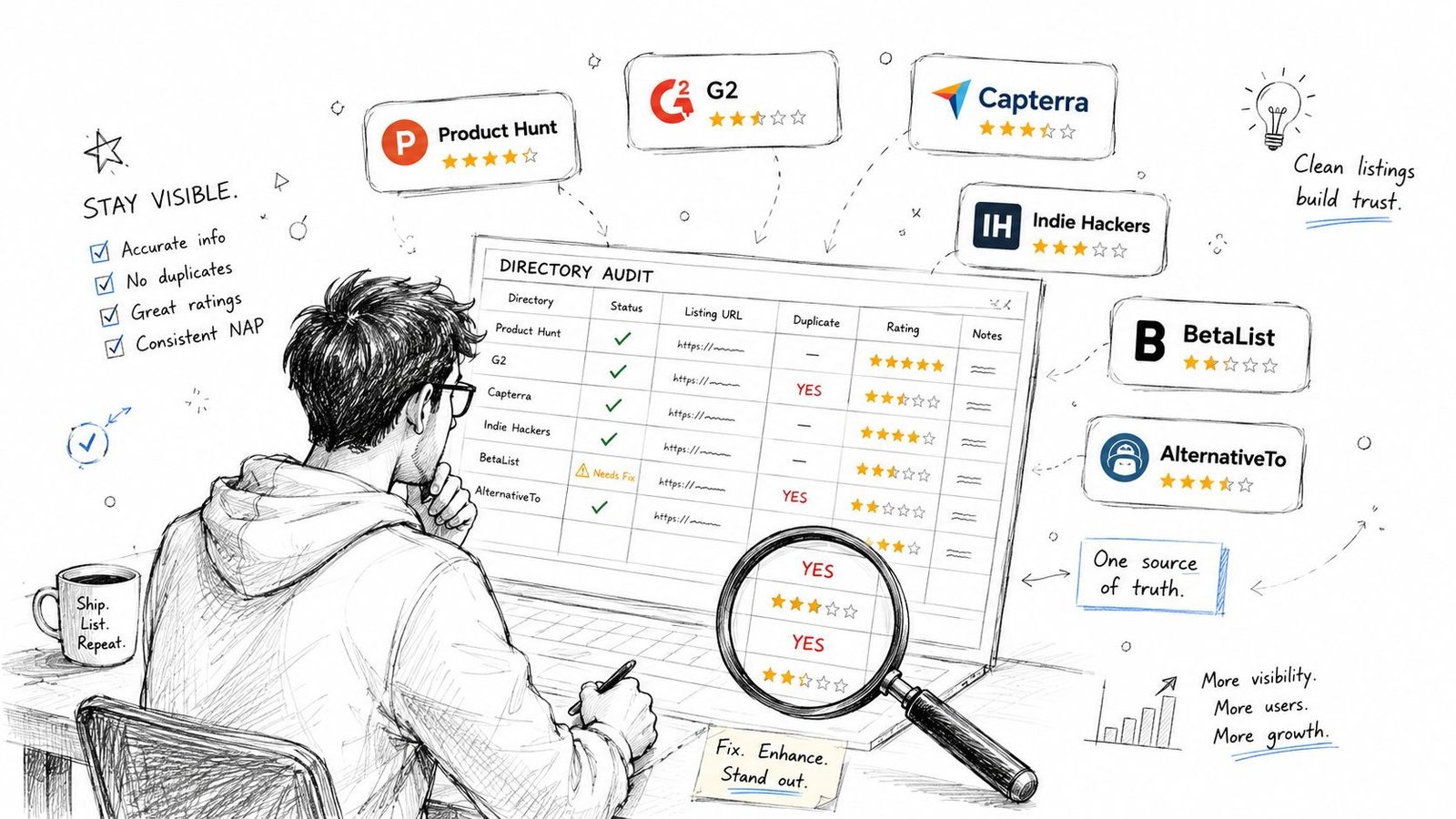 A person auditing software directory listings on a computer screen to improve SaaS brand visibility and reputation.