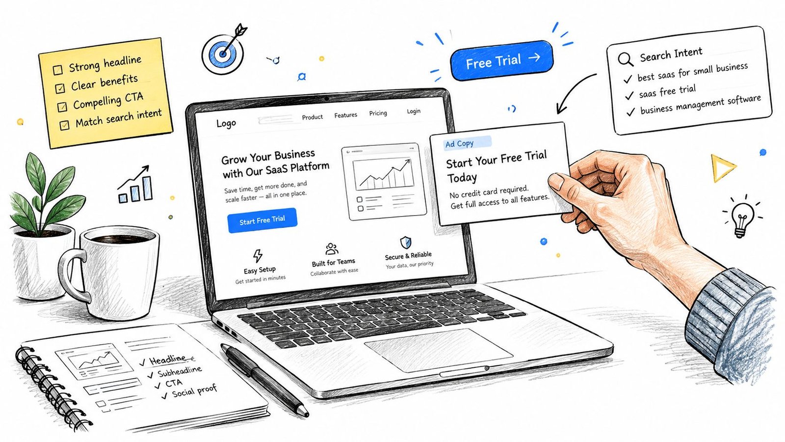 A hand holding an ad copy card over a laptop displaying a SaaS website landing page design.