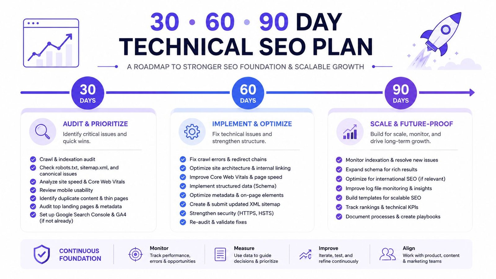 A 30, 60, and 90 day roadmap infographic illustrating steps for building a strong technical SEO foundation.
