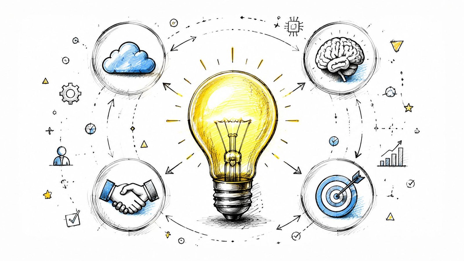 A central glowing light bulb surrounded by icons representing cloud computing, human brain, handshake, and target.