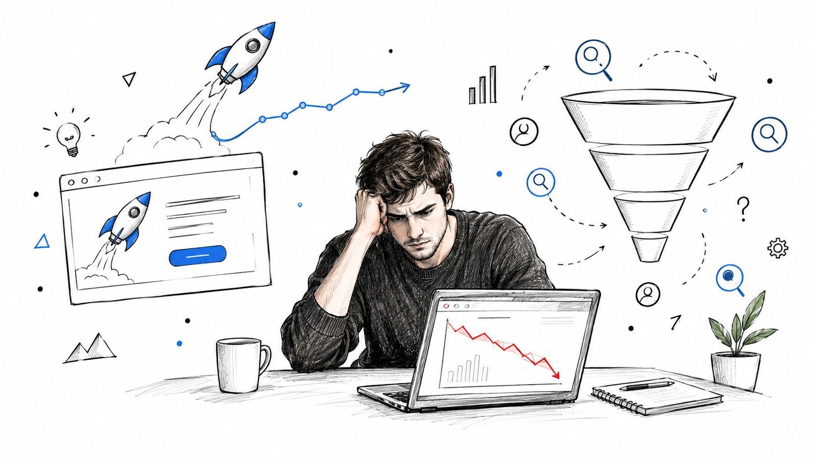A frustrated businessman sitting at a desk with a laptop displaying a downward trend sales chart.