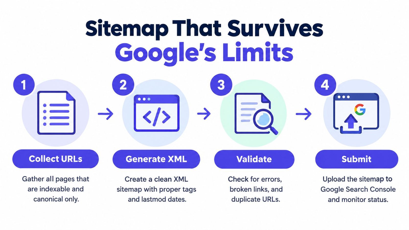 A four-step infographic illustrating the process of creating and submitting a valid website sitemap to Google.