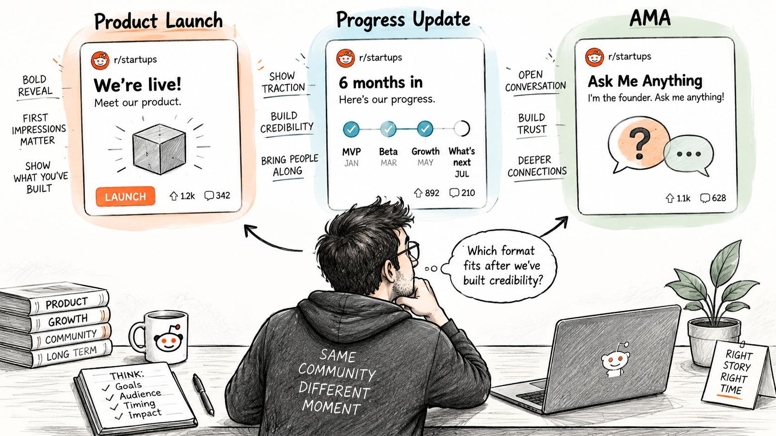 A founder planning Reddit marketing strategies with three post formats for product launches, progress updates, and AMAs.