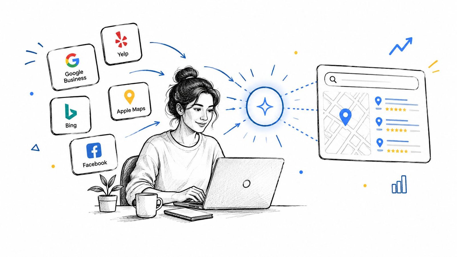 A professional managing business listings across various platforms to improve search engine rankings and online visibility.