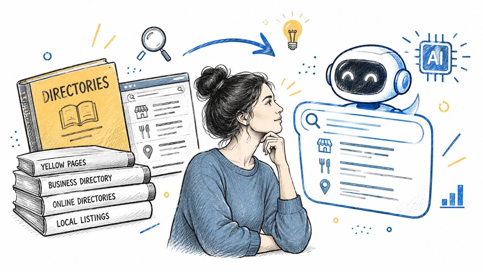 A woman contemplating the evolution from traditional printed business directories to modern AI-powered local search solutions.