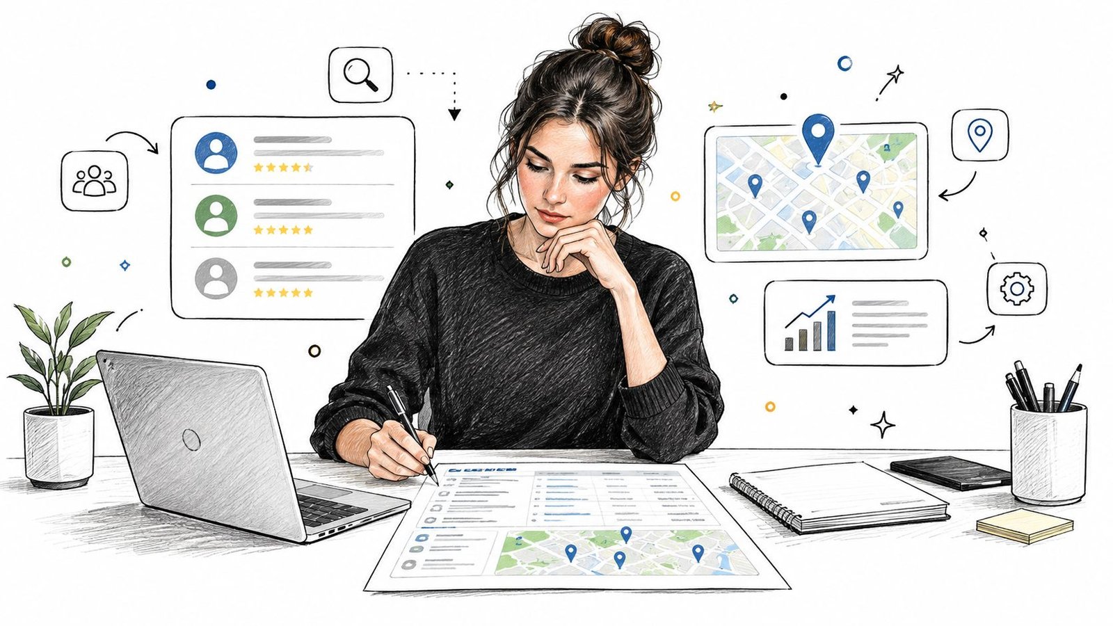 A businesswoman planning a strategy using a laptop, review lists, and location maps for startup growth.