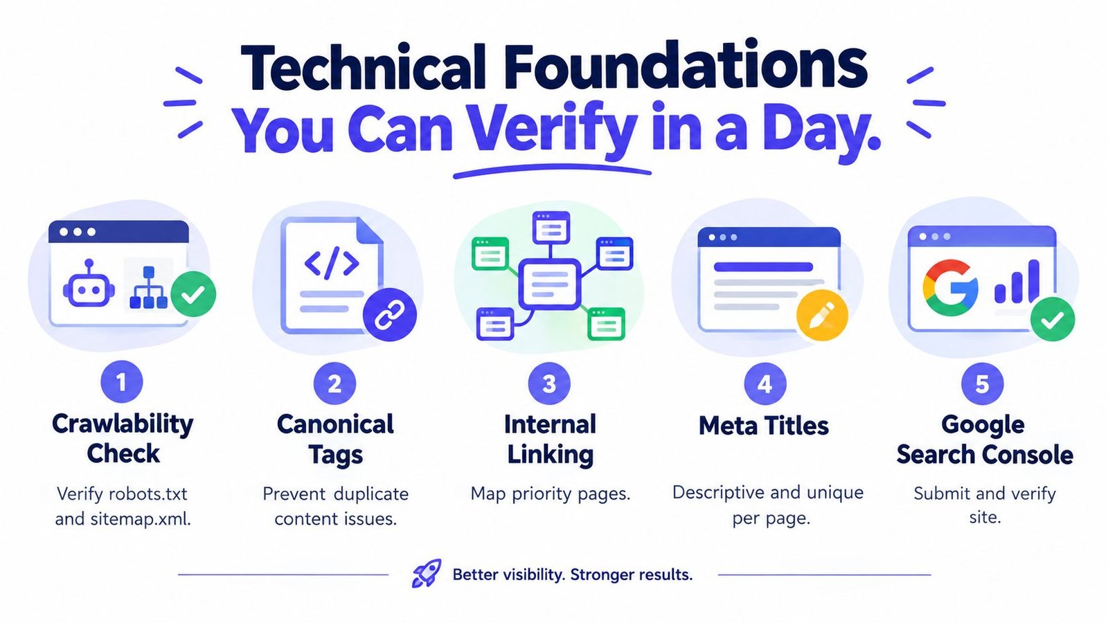 An infographic showing five essential technical SEO steps to verify for your website in one day.