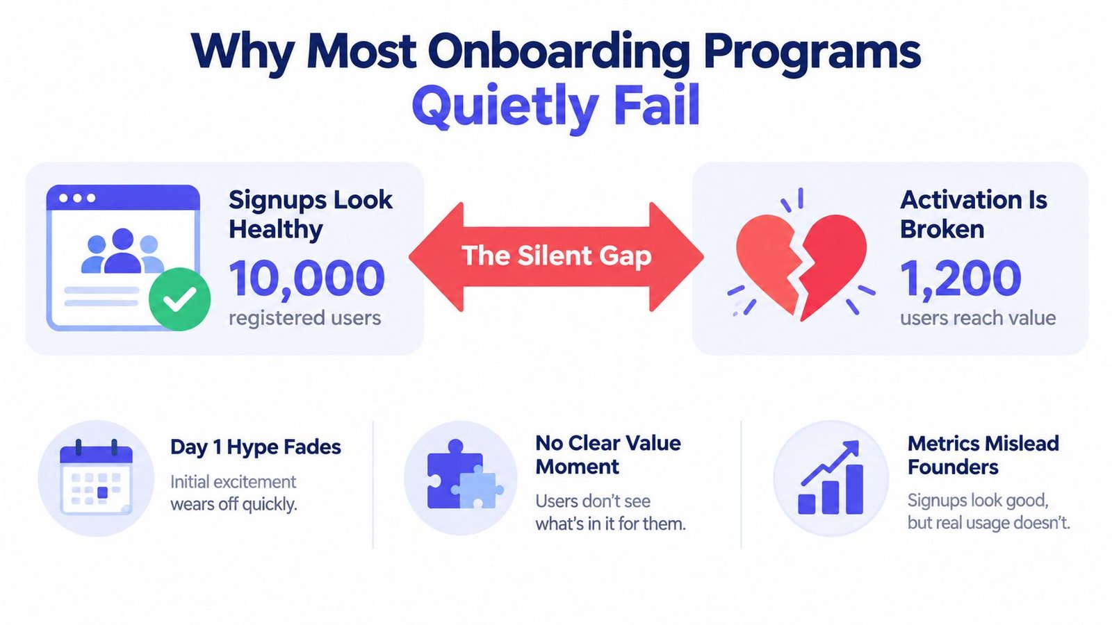 A diagram illustrating why startup onboarding programs fail by showing the gap between signups and user activation.