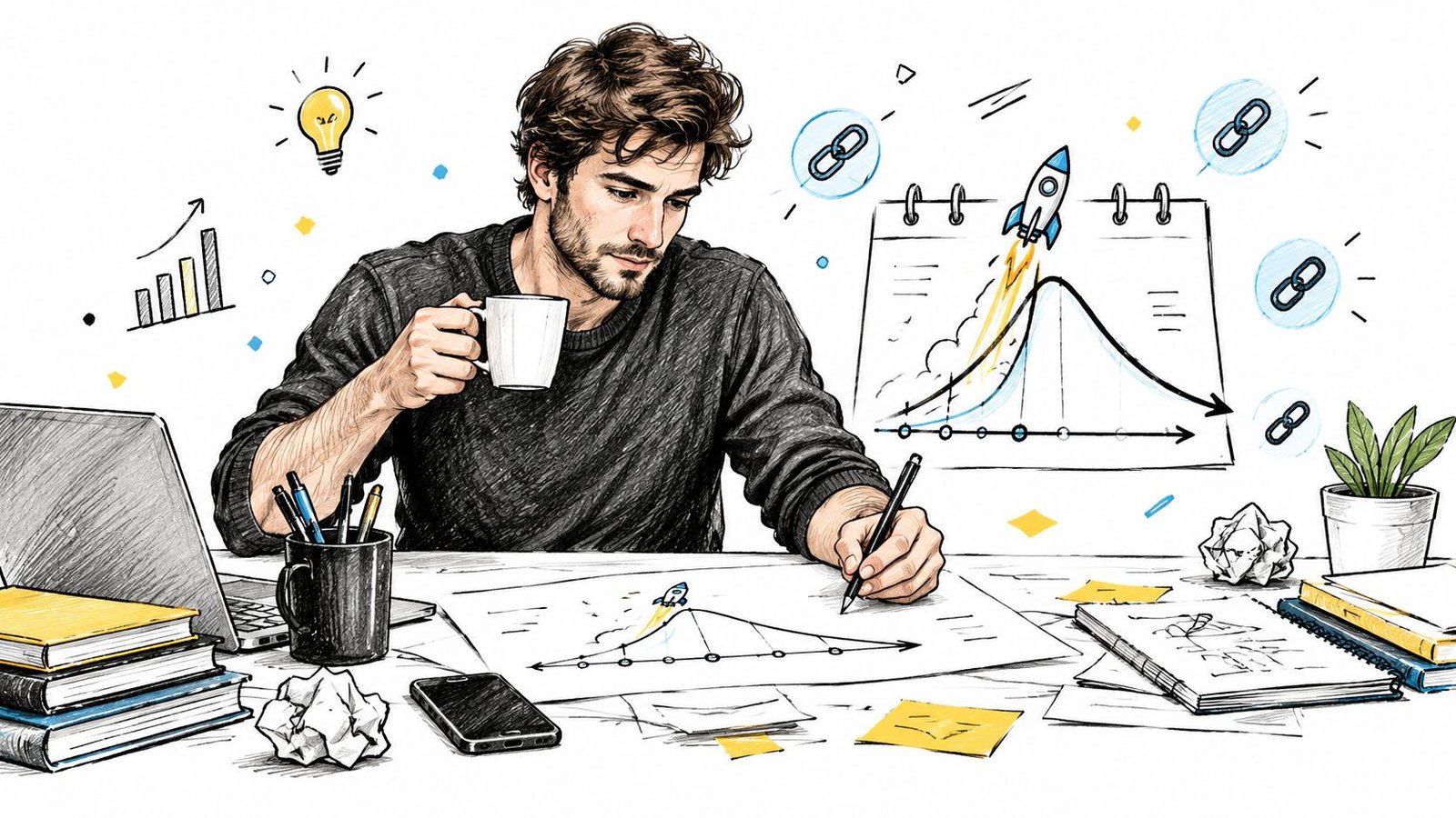 A focused man sketching a startup growth strategy on his desk with a coffee mug and laptop
