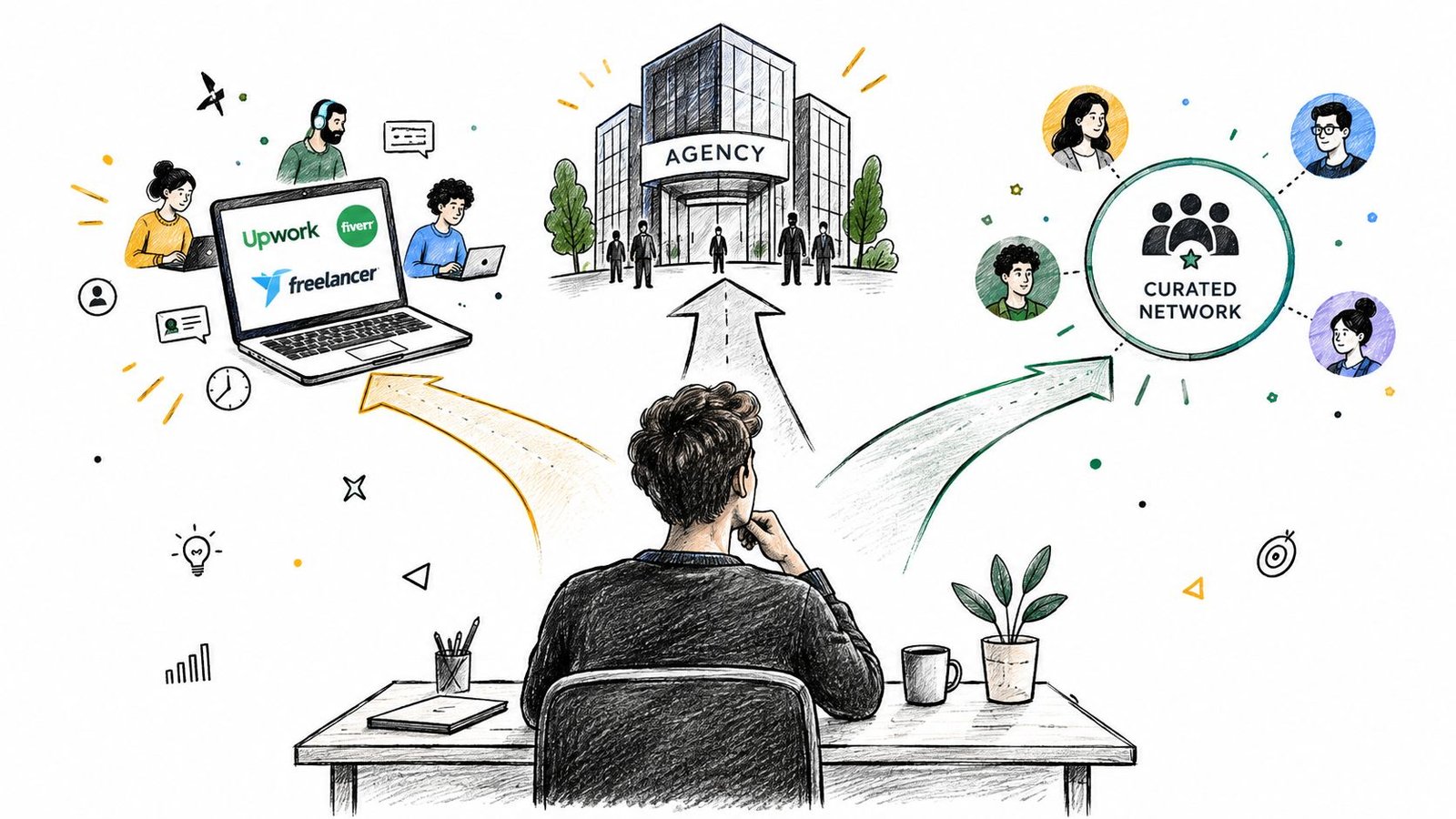 A person sitting at a desk contemplating choosing between freelance platforms, agencies, or a curated professional network.