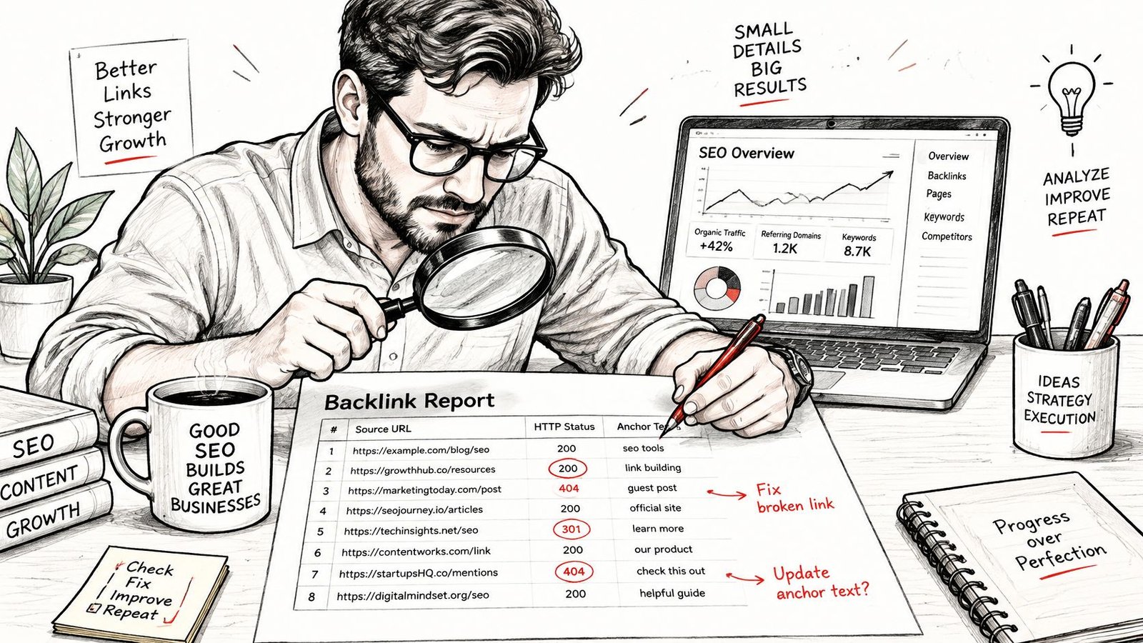 A professional analyzing a backlink report with a magnifying glass while sitting at a desk with SEO tools.