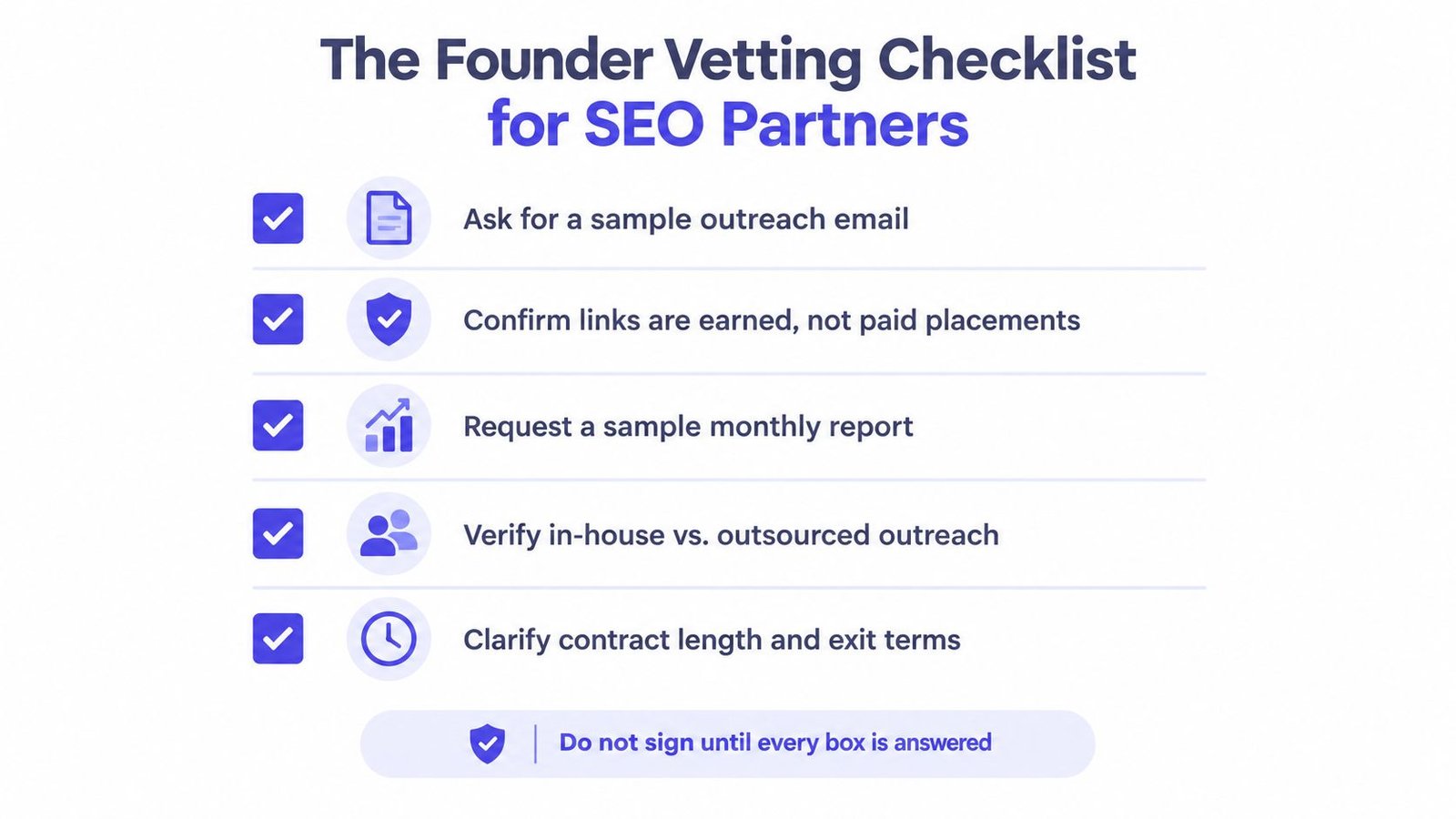 A checklist infographic titled The Founder Vetting Checklist for SEO Partners with five key vetting questions.